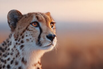 portrait of cheetah surveying savannah horizon under soft golden sunset