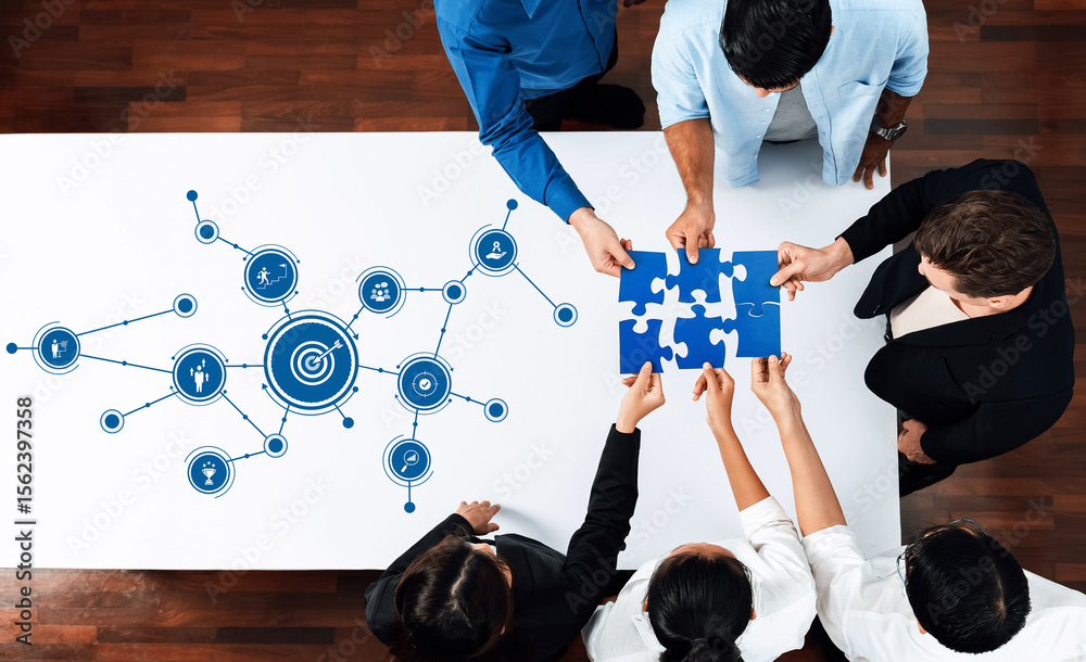 Fototapete a diverse group of professionals collaborates on a project strategy, assembling puzzle pieces while 