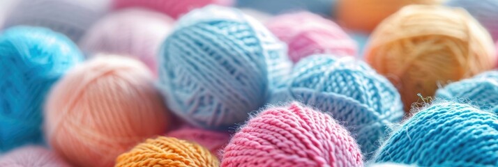 close-up Colorful yarn balls in pastel pink blue yellow shades, horizontal banner, copy space, free space for text