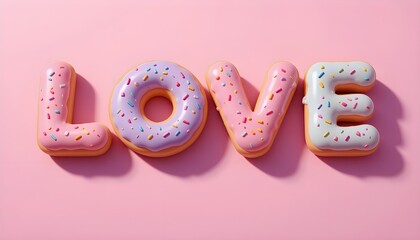 LOVE Donut Letters Pink Background - Valentine Romance Sweet Treats Typography Food Art