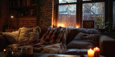 Cozy living room with knitted throw blanket on sofa, flickering candles and decorative garlands creating warm inviting atmosphere in evening light