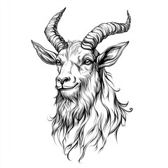 Black and white vector line art, a simple drawing of a goat's head with long hair isolated on a white background