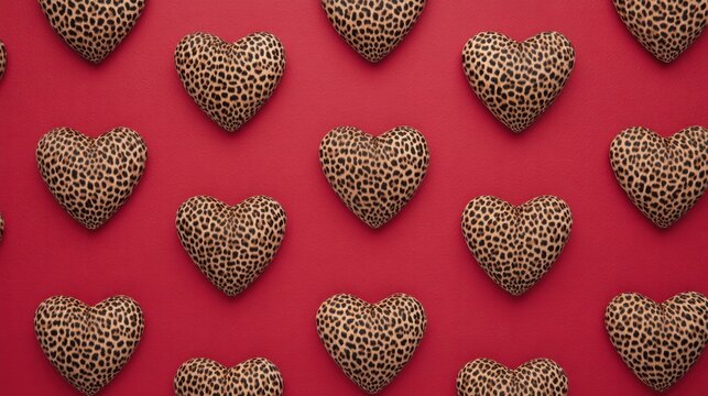 Leopard print hearts on red background pattern.
