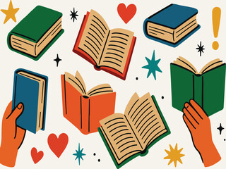 Books halftone art collage cut outs set. Various clipping shapes, hands holding open books stickers with vintage dotted texture and doodles. Modern retro grunge mixed media vector illustration