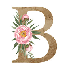 Floral letter B with pink peonies and green leaves on a marble background. Transparent background.