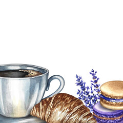 Frame with a picture of a cup of coffee, almond cookies, and croissants. Hand-drawn watercolor illustration. French cuisine. For packaging, postcards, labels, banners, flyers, menus, and posters.