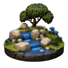 Low Poly 3D Render of a Serene Waterfall Landscape