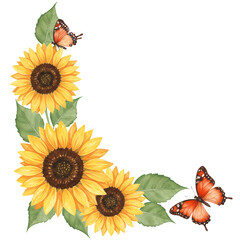 Watercolor painting of sunflowers and butterflies on a transparent background. The sunflowers are yellow and brown, and the butterflies are orange. The image is arranged in a corner design. 