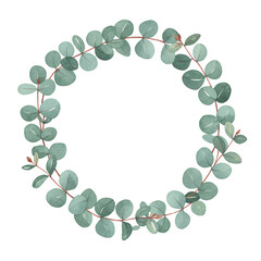 Circular frame of eucalyptus leaves with transparent background. Watercolor style, soft green hues, detailed leaves, perfect for invitations or design elements.