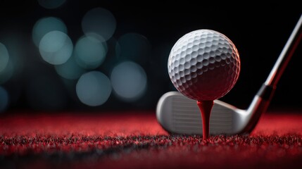 Ultra quality image of close-up of a golf ball on a red tee with a golf club ready to strike, set against a dark background.