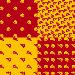 Fast Food Fusion: A vibrant mosaic of burger and pizza graphics dances across a red and yellow backdrop, a playful fusion of beloved fast food icons in a seamless pattern.