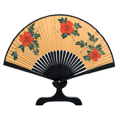 Beige Hand Fan with Red Hibiscus Flowers on Black Stand
