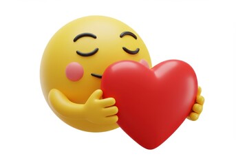 A yellow emoji with closed eyes is hugging a red heart isolated on white background