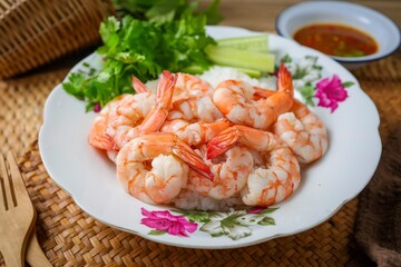 Homemade Boiled shrimps with rice and Seafood Sauce	