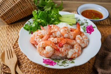 Homemade Boiled shrimps with rice and Seafood Sauce
