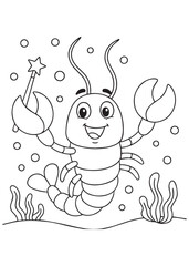 Coloring book Lobster with a magic wand.