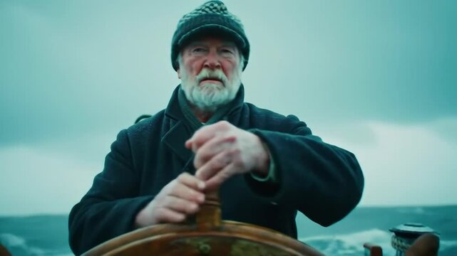 A weathered old sailor at the helm of a ship