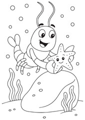 Coloring book Lobster holding a starfish on top of a rock.