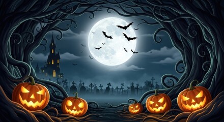 Glowing pumpkins with bats flying under a bright moon in a spooky graveyard