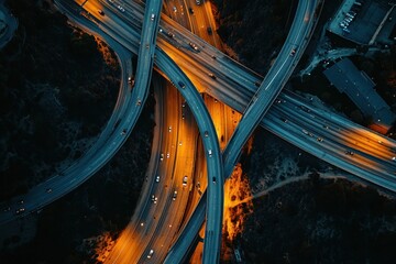 Complex freeway interchange illuminated at night showcasing traffic flow and urban landscape, Aerial shot of the 5 freeway as it runs through the Elysian Valley in Los Angeles