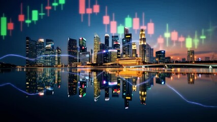 Cityscape with financial market graph overlay at night - Powered by Adobe