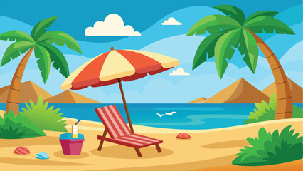 Cartoon Beach Scene with Palm Trees, Umbrella, Chair, and Drink Illustration