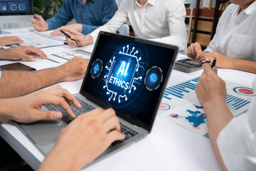AI ethics responsibility standard law and rules on computer screen provide report of AI ethic...