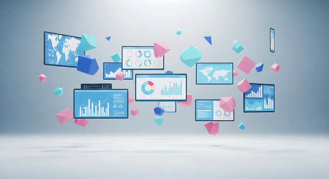 Floating digital displays with data visualizations, abstract design.