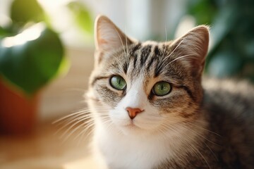 cat lounging in sunny spot on wooden floor near potted plant