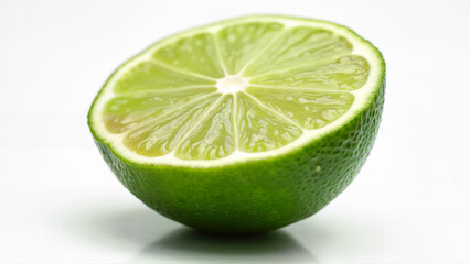A vibrant green lime half with visible seeds and juicy flesh is isolated on a white background. Suitable for illustrating freshness, citrus fruits, and healthy food concepts.