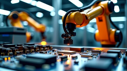 Robotic arm assembling electronic components in factory