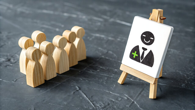Eye level view of miniature wooden figures standing before a small easel displaying a smiling doctor icon a conceptual image representing