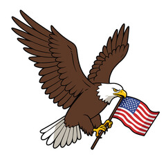 Eagle soars clutching the American flag