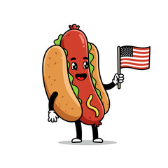 Cartoon hot dog character holds an American flag smiling happily