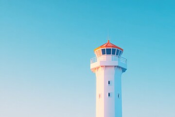 control tower in morning fog with clear sky above