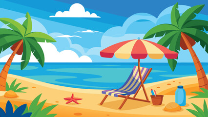 Beach Cartoon Illustration with Palm Trees, Chair, Umbrella, Starfish, and Summer Vacation Elements