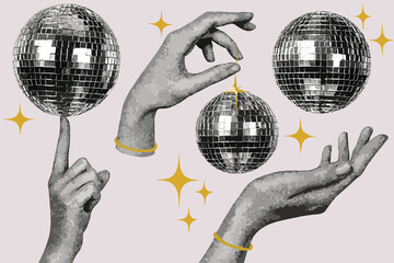 Shiny disco balls and cut out hands halftone collage vector illustration. Set of trendy modern retro elements with gold glitter star decoration isolated on transparent background