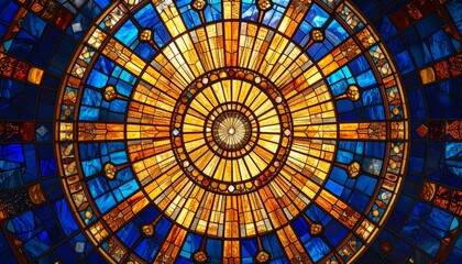 Elegant Stained Glass Sunburst with Golden Radiance and Deep Hues

