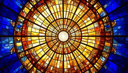 Rich Amber and Sapphire Sunburst Glass Pattern in Circular Design

