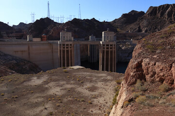 View of two turbines of the Hoover Dam against the background of power grids