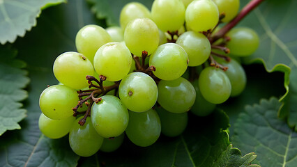Close-up of a green grape bunch resting on large grapevine leaves. Suitable for illustrating fruit, agriculture, or healthy food concepts.