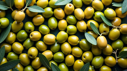 Green olives with attached leaves fills the frame, suitable for food, agriculture, or Mediterranean cuisine contexts. For culinary or nutritional purposes.