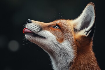 Fox licking its lips and moving its ears in a close-up profile shot against a dark background, Profile shot licking its lips, moving its ears