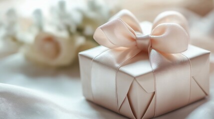 Delicate satin ribbon beautifully tied around a bridal shower favor box on a soft white tablecloth illuminated by natural light