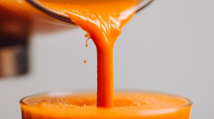 Close-up view of juicer spout dripping vibrant carrot juice into a small cup against a neutral background highlighting freshness and nutrition