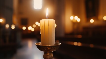 Close-up view of a lit candle in a brass holder with soft wax drips and a blurred altar background illuminated by natural light