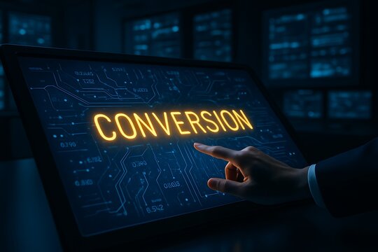 Finger pressing on Conversion button displayed on a futuristic control screen with data analytics and digital interface Background