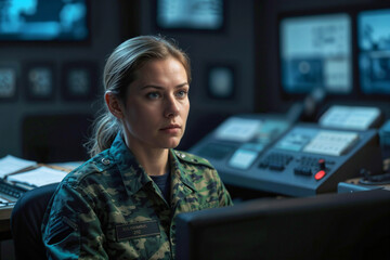 Face of serious female officer in green camouflage working in army central control and monitoring office for the management, technology and army communications