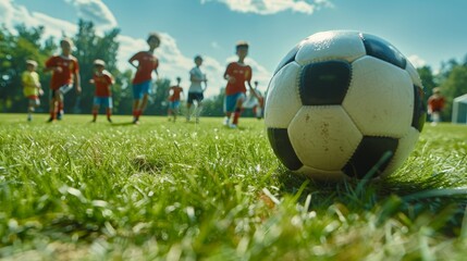 Boys  football match on a sunny day, low angle view of ball approaching camera on green grass