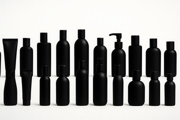 set of sleek ebony cosmetic containers arranged neatly for luxury and beauty branding minimalistic packaging for high end products Background